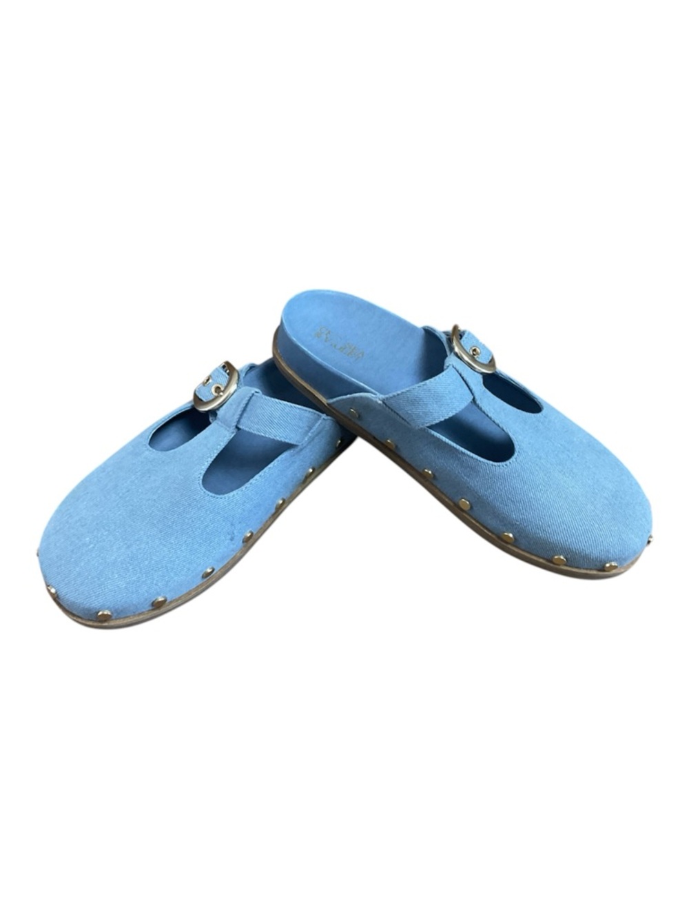 Chelsea & Violet Kalli Denim Studded T-Strap Mule Clogs - Light Blue - Size 7.5M